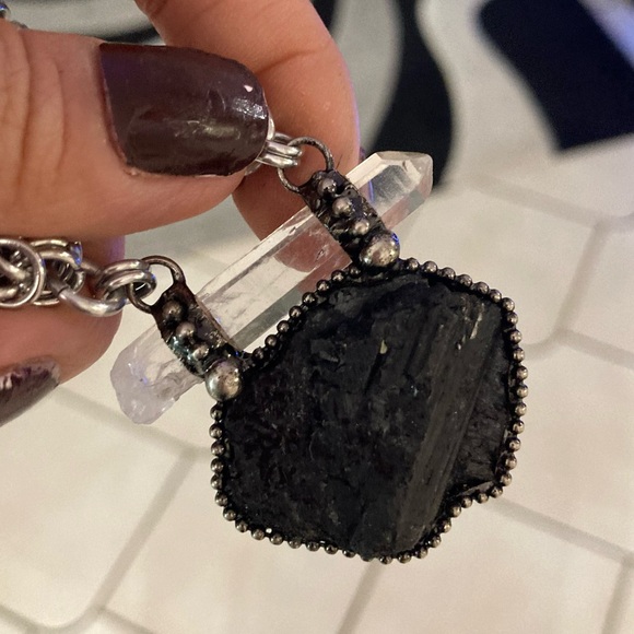 Natural black tourmaline & clear crystal quartz charm boho goth maille necklace - Picture 3 of 13